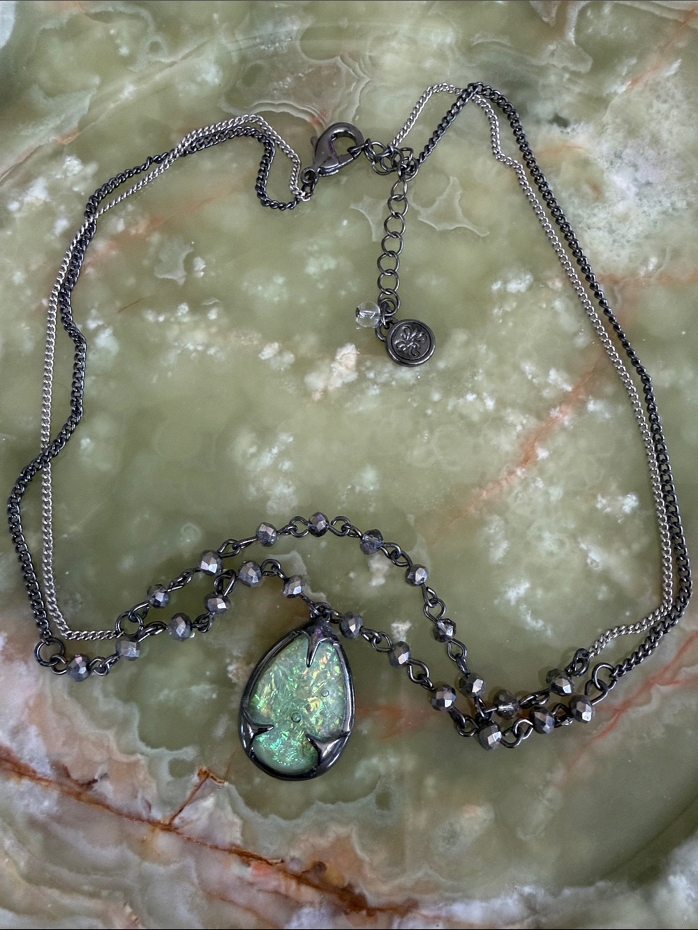 Silver Tone Double Strand Necklace with Green Opalescent Teardrop Pendant - Picture 2 of 5
